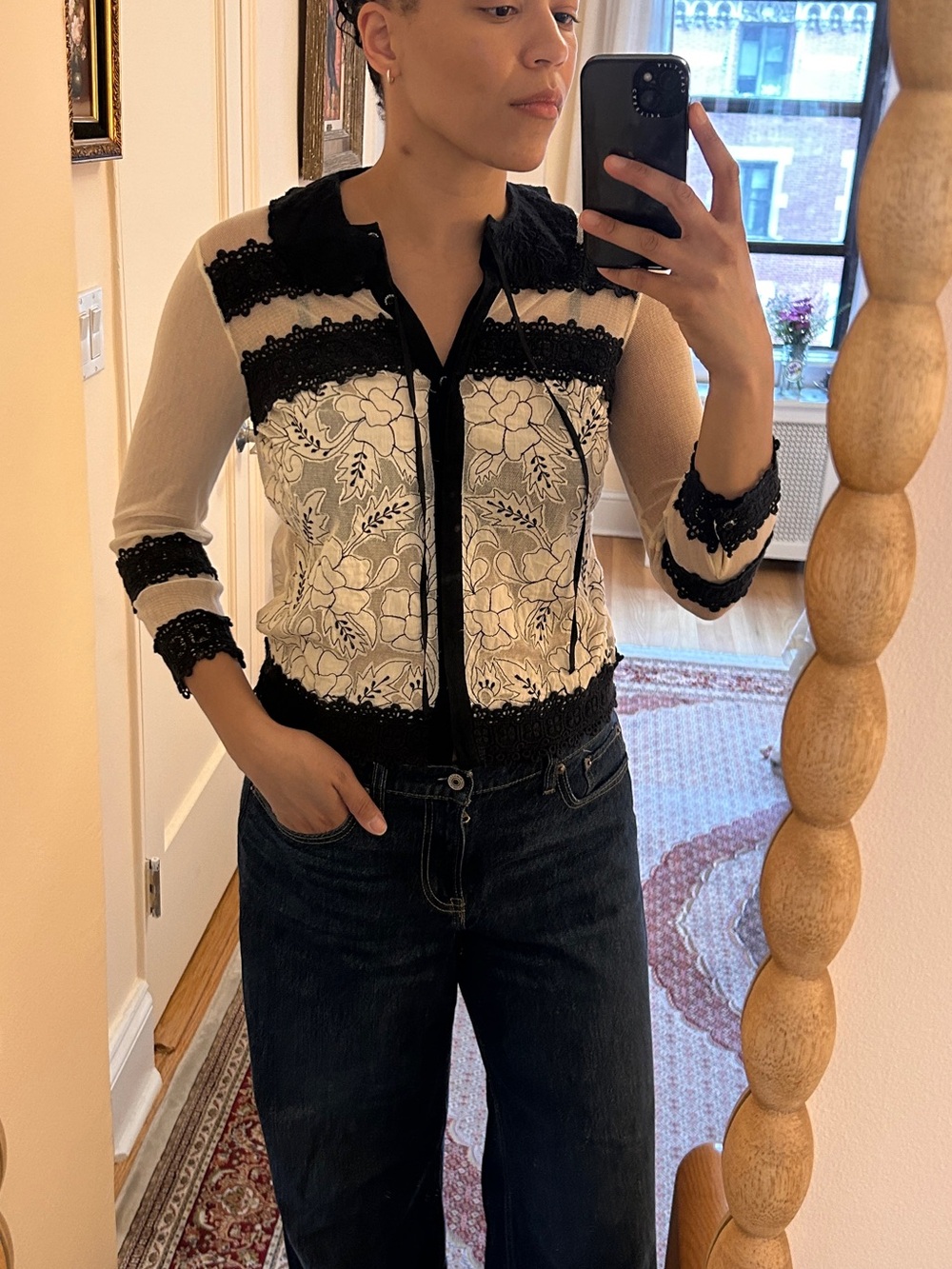 Leifnotes Floral Applique Button Down with removable Collar